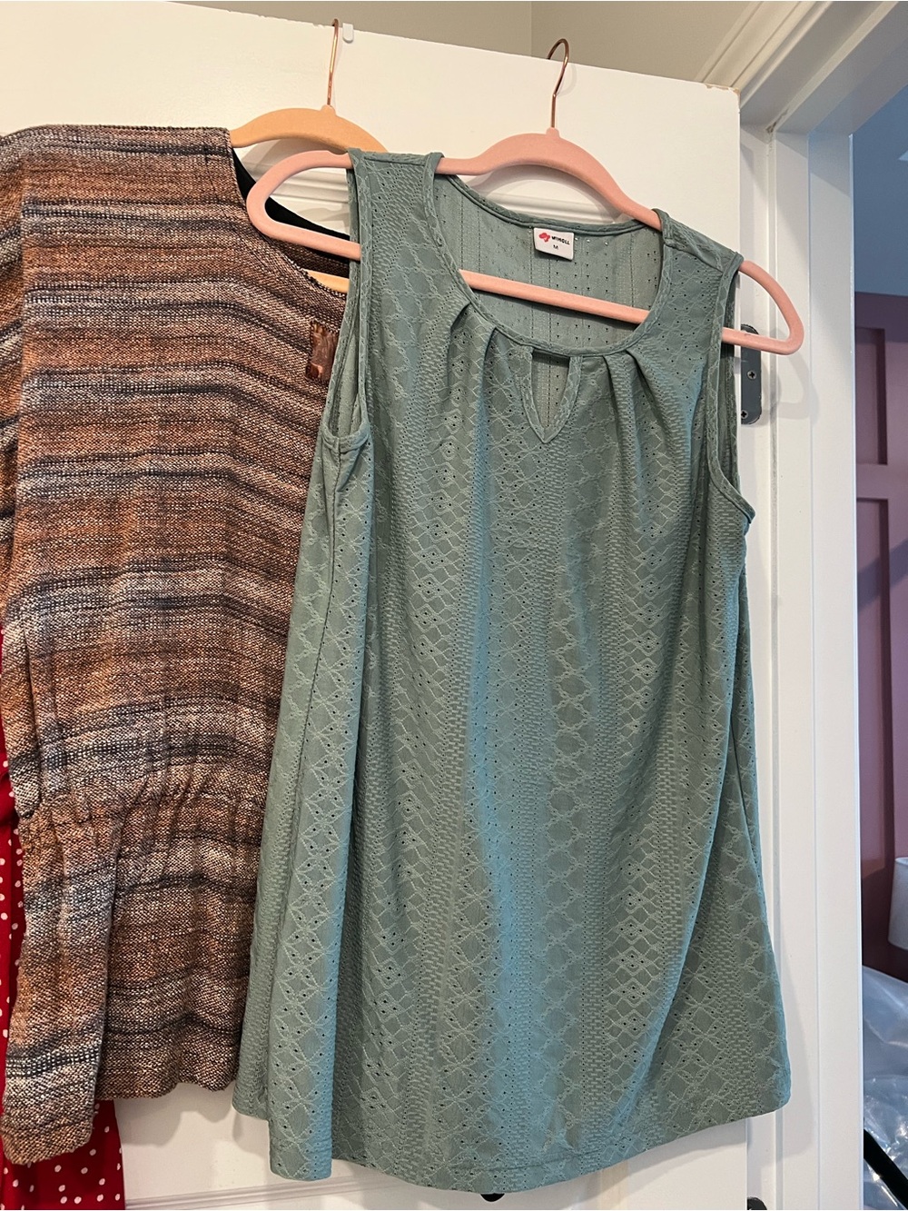 Two Relaxed Lace-Detailed Sleeveless Tops Sage Green and neutral striped shirts